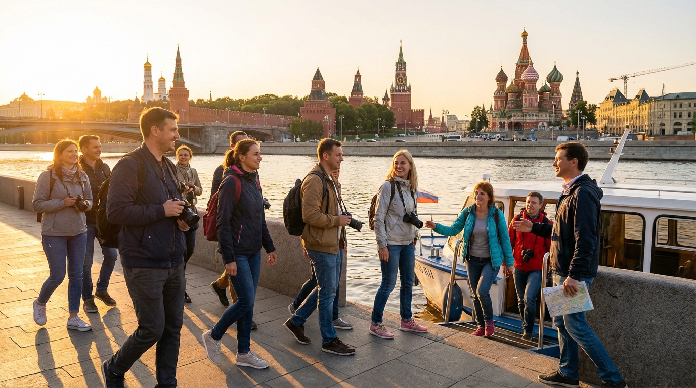 Участники комбинированного тура сочетают пешую прогулку и водный круиз по Москве