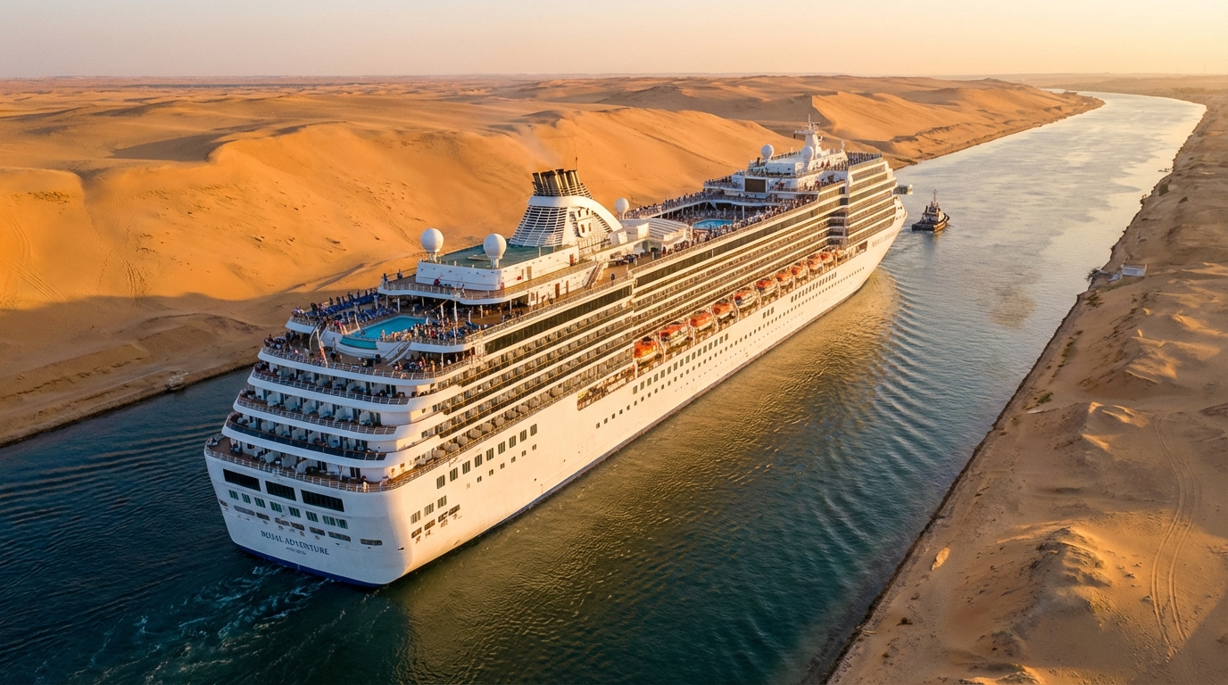 Круизный лайнер в Суэцком канале на фоне пустыни