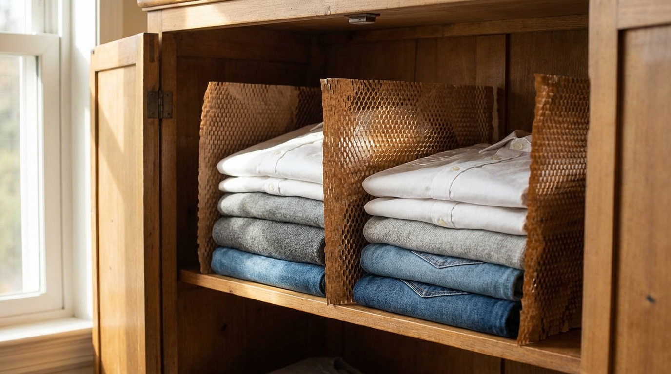 Сотовая крафт-бумага как разделитель для хранения одежды в шкафу