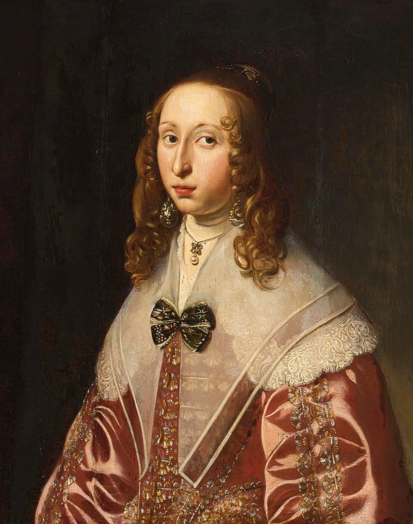 19 A PORTRAIT OF A LADY, HALF  LENGTH, WEARING A RED SATIN EMBROIDERED DRESS WITH LACE AND PEARL JEWELLERY.jpg