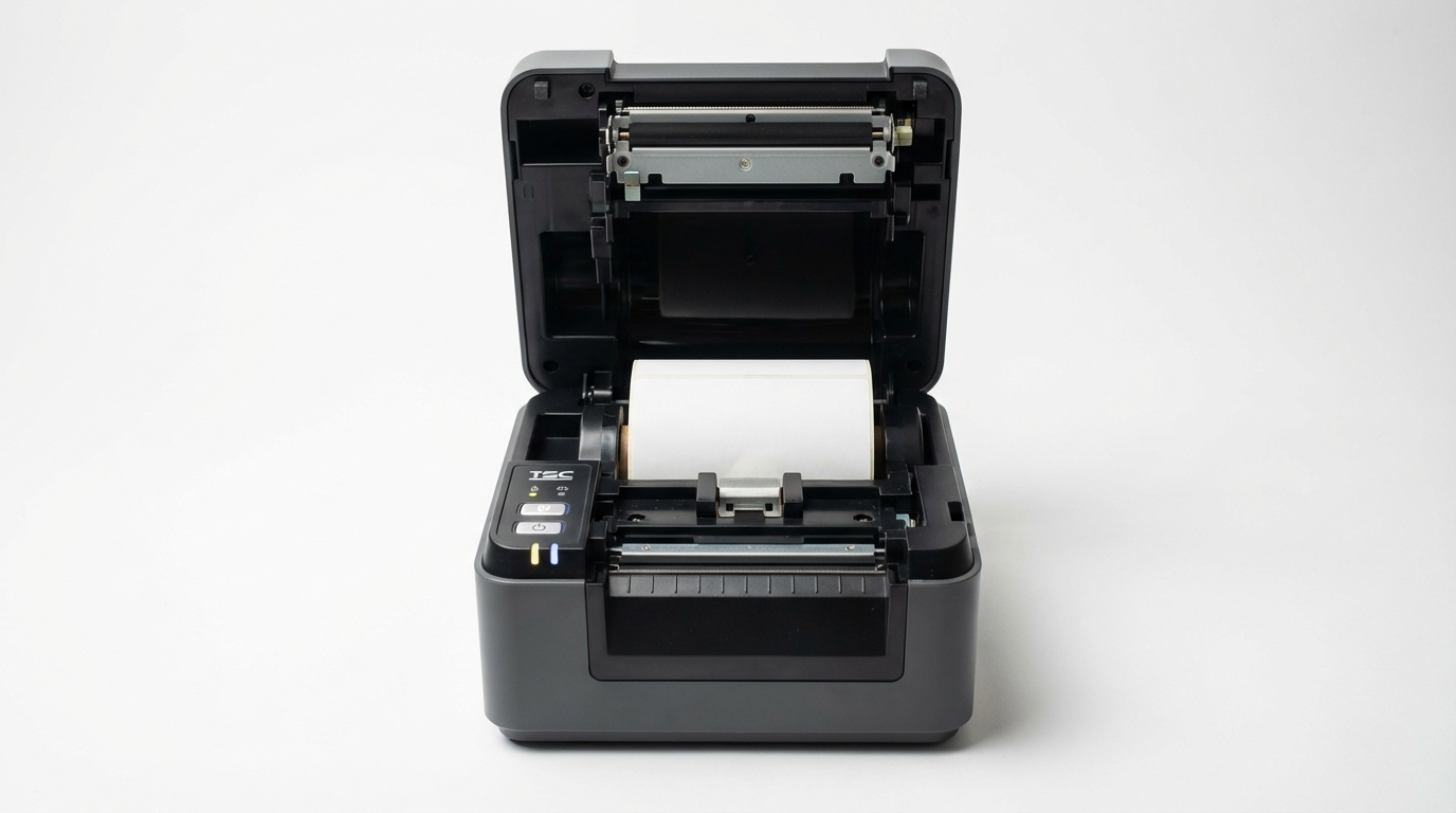 Фронтальный вид термопринтера TSC TE200 с открытой крышкой для загрузки этикеток