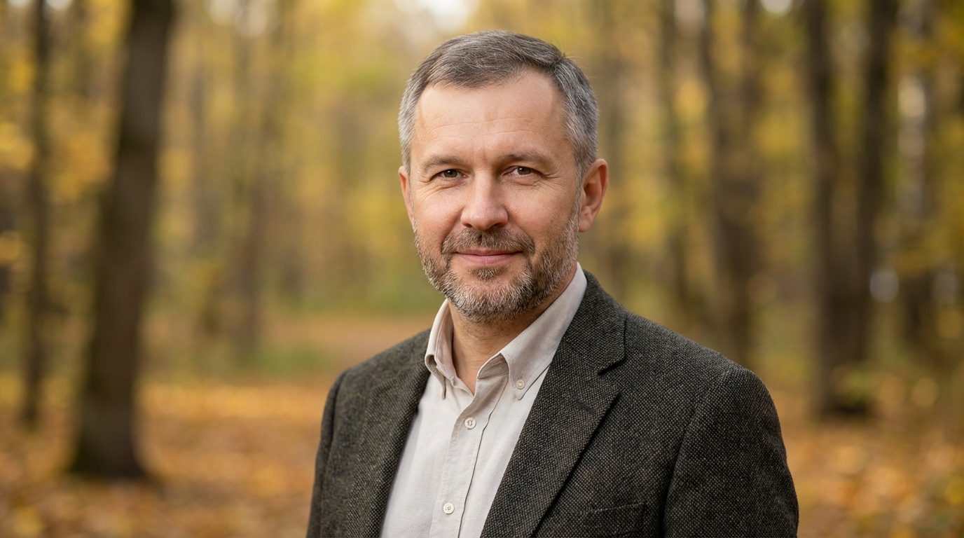 Дмитрий Волков — портрет автора статьи, профессиональное фото в студии с фоном природы