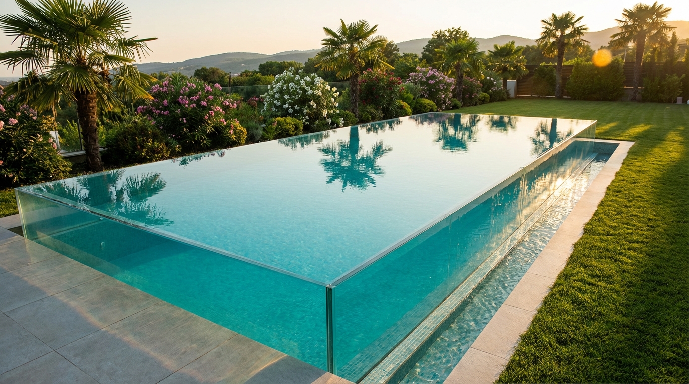 Бассейн с зеркальным переливом на участке в Краснодаре