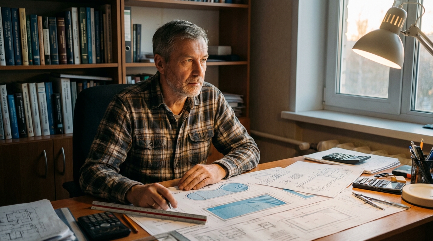 Дмитрий Козлов — портрет опытного инженера в рабочем кабинете с чертежами бассейнов