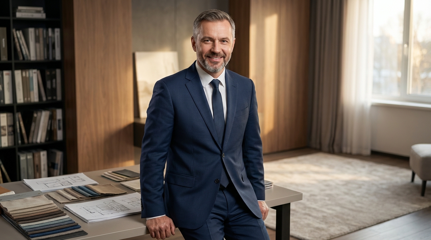 Виктор Лебедев — портрет консультанта в деловом стиле с фоном студии интерьеров