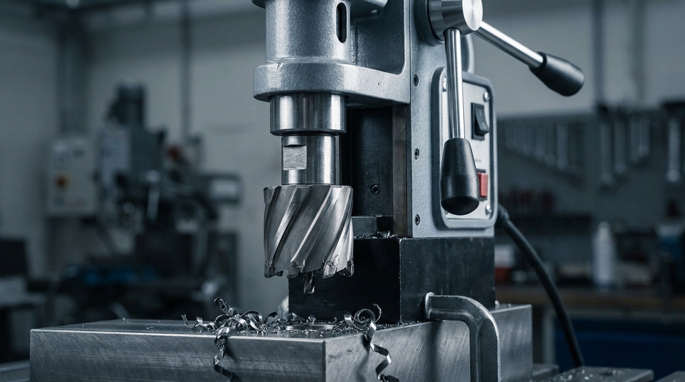 Магнитный станок с установленным корончатым сверлом HSS или TCT