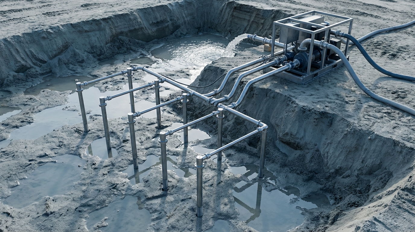 Схема работы иглофильтра для водопонижения в строительстве