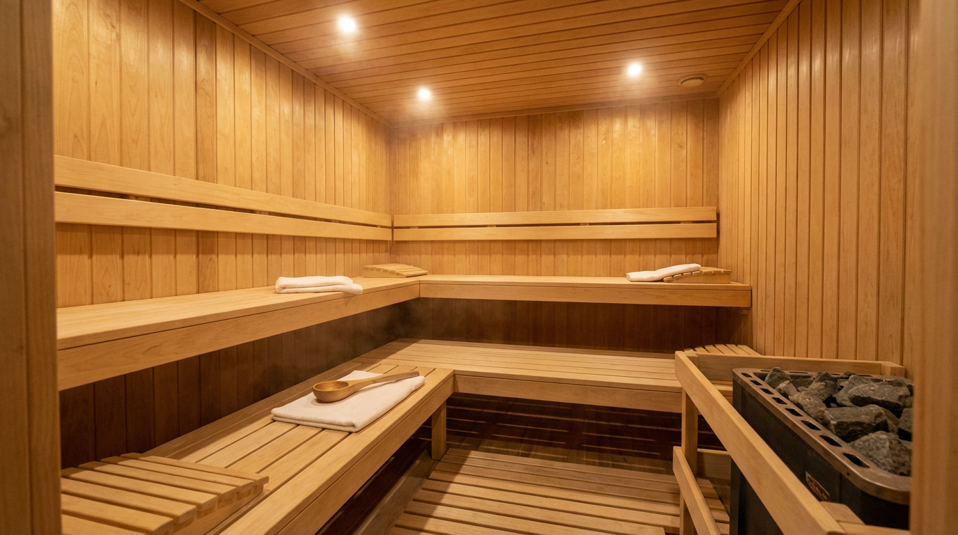 Внутренняя отделка парной в бытовке с полками и вагонкой