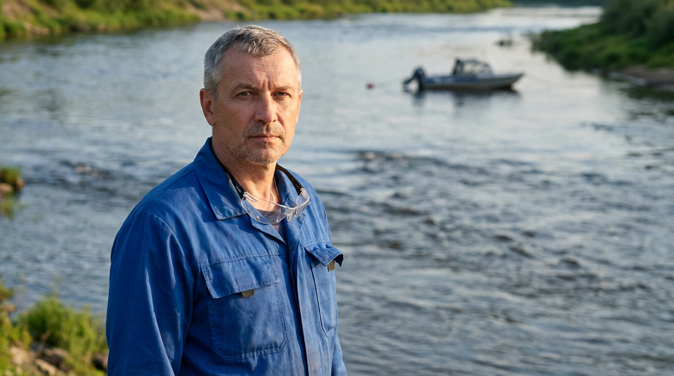 Дмитрий Крылов — портрет инженера в рабочей одежде на фоне реки с катером