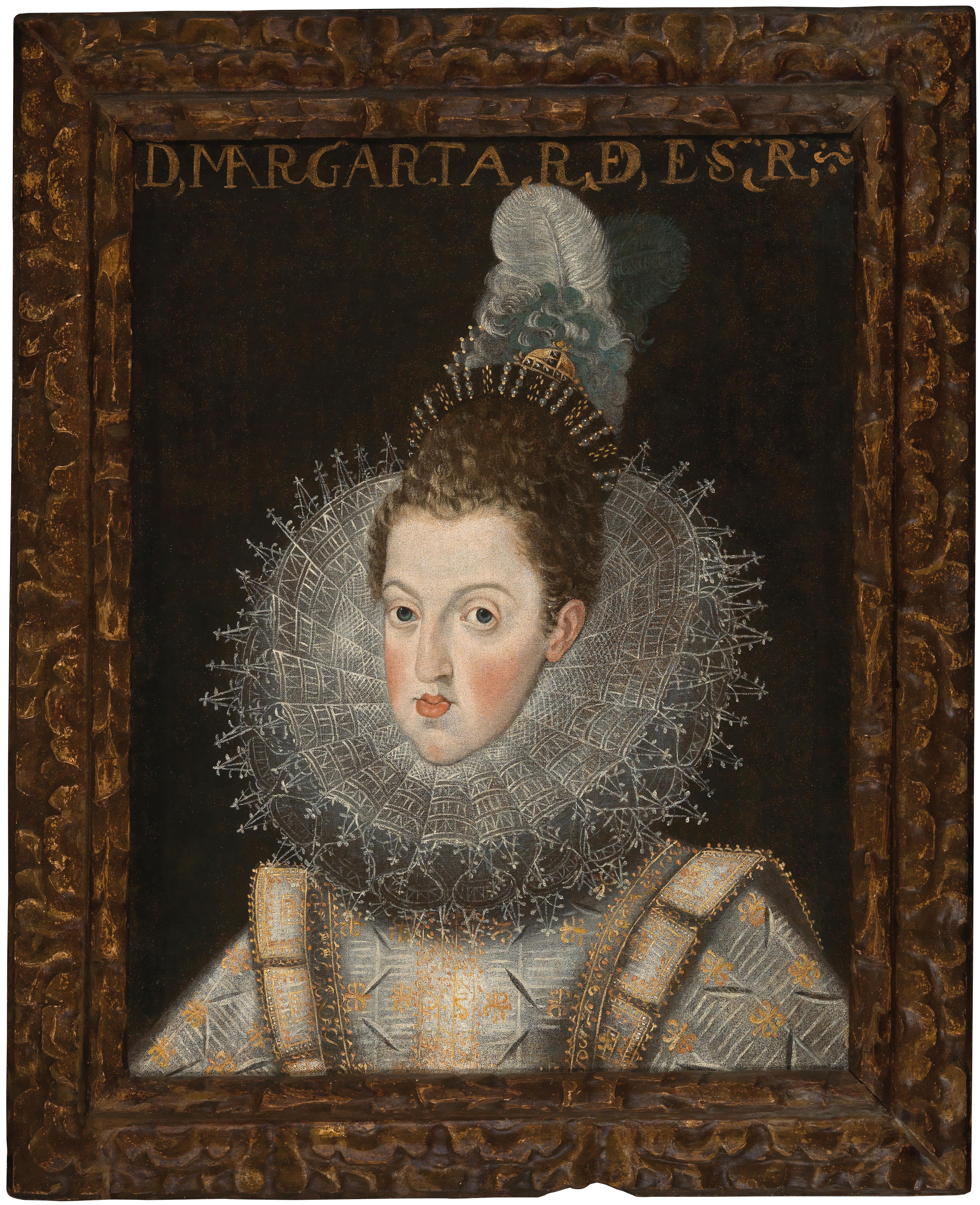 14 circle-of-juan-pantoja-de-la-cruz-ortrait of Margarita of Austria (1584–1611), Queen Consort of Spain and Portugal, bust-length, in a richly embroidered dress, a white ruff and feather headdress,.jpg