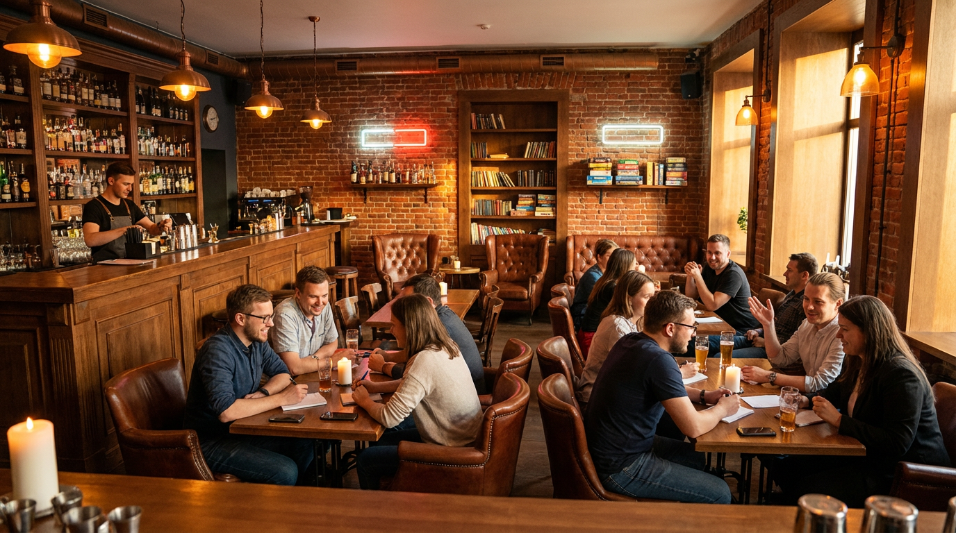 Интерьер бара с квизом в Москве, участники за столами решают вопросы