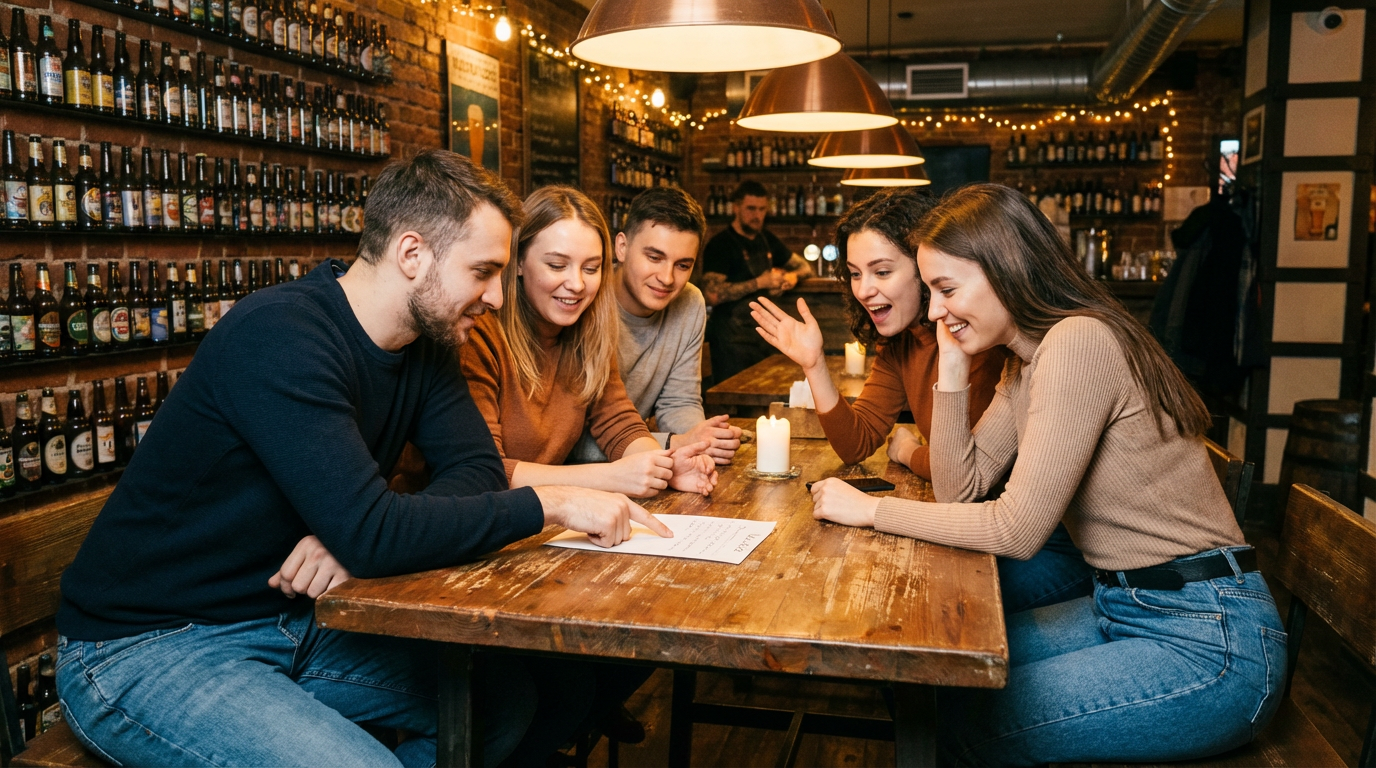 Команда обсуждает вопросы во время квиза в московском пабе