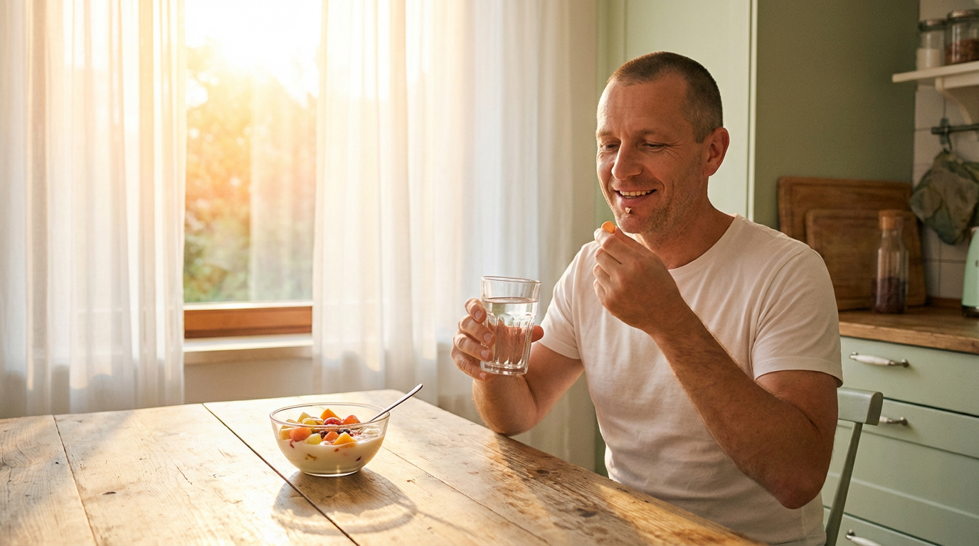 Человек принимает витамины утром