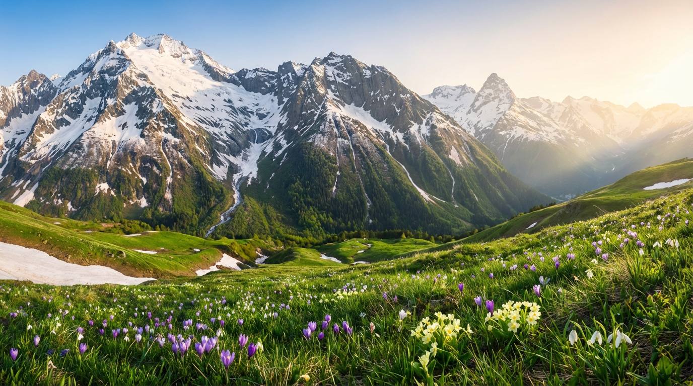 Весенние горы Архыза с тающим снегом и зелёными долинами
