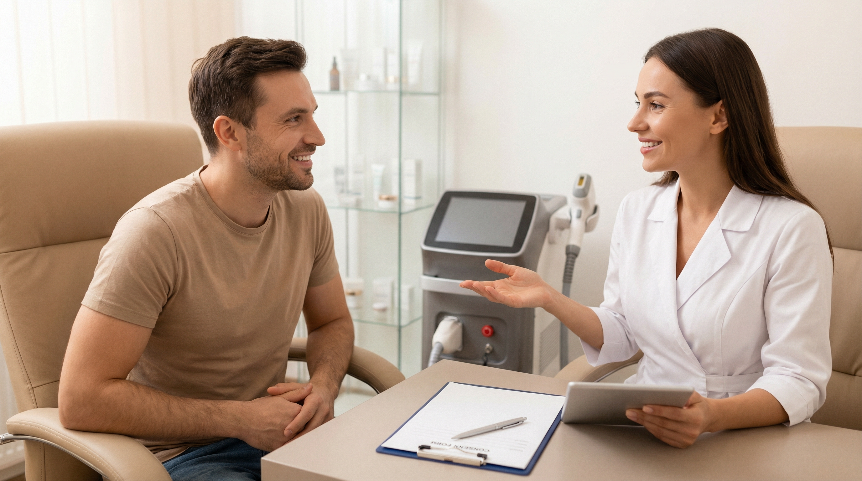 консультация косметолога перед мужской лазерной эпиляцией бикини