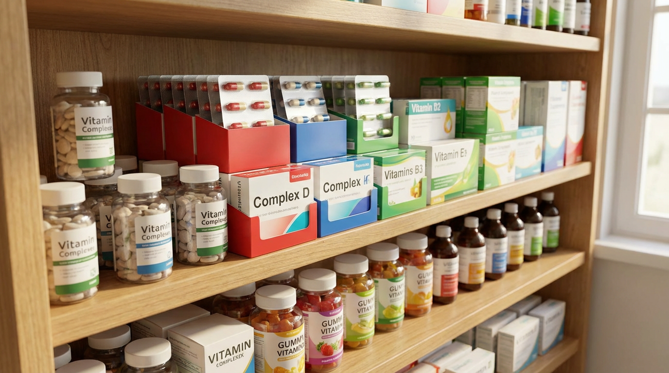 Различные виды витаминных комплексов на полке аптеки