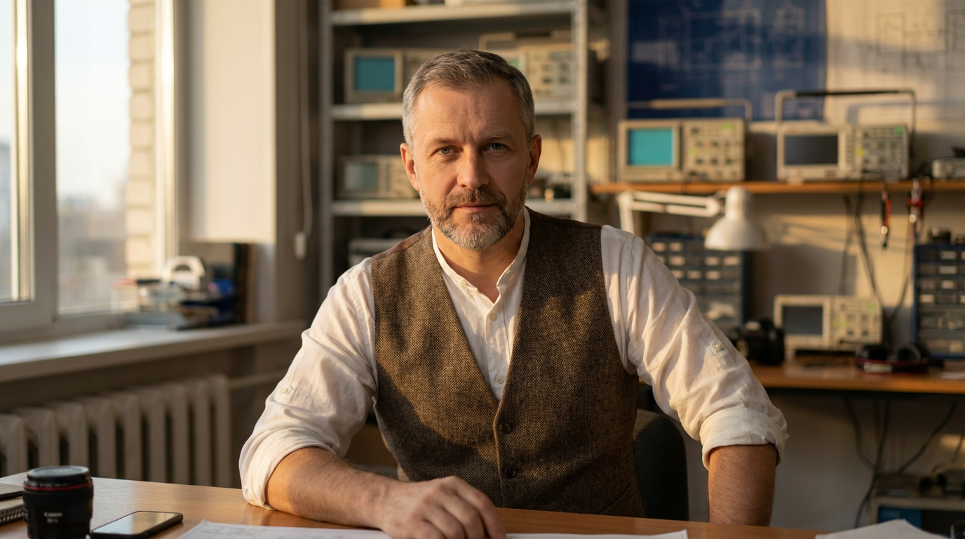 Дмитрий Козлов — портрет автора в инженерном кабинете с оборудованием на фоне, средний возраст, уверенный взгляд