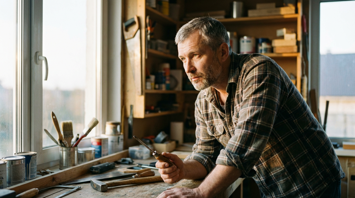 Дмитрий Козлов — портрет автора статьи в рабочей мастерской с инструментами