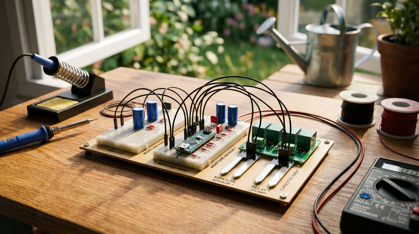 Схема DIY-автоматики для полива в саду с конденсаторами
