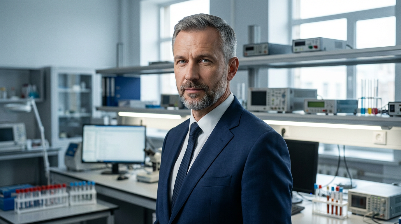 Дмитрий Козлов — портрет автора статьи, фото мужчины средних лет в деловом костюме на фоне технической лаборатории