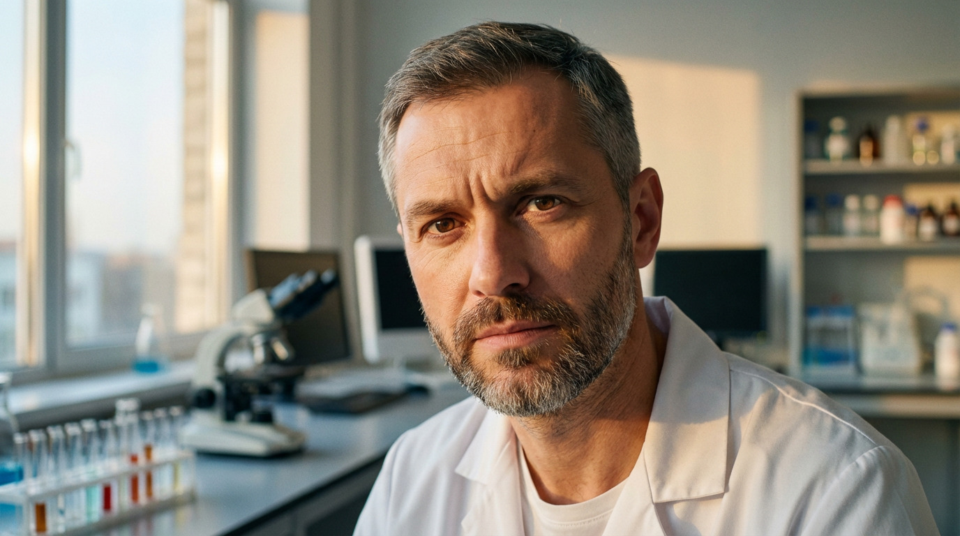 Сергей Волков — портрет автора в лабораторной обстановке, мужчина средних лет с сосредоточенным взглядом