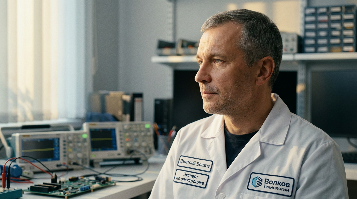 Дмитрий Волков — портрет эксперта в профиль, в лабораторной обстановке с элементами электроники