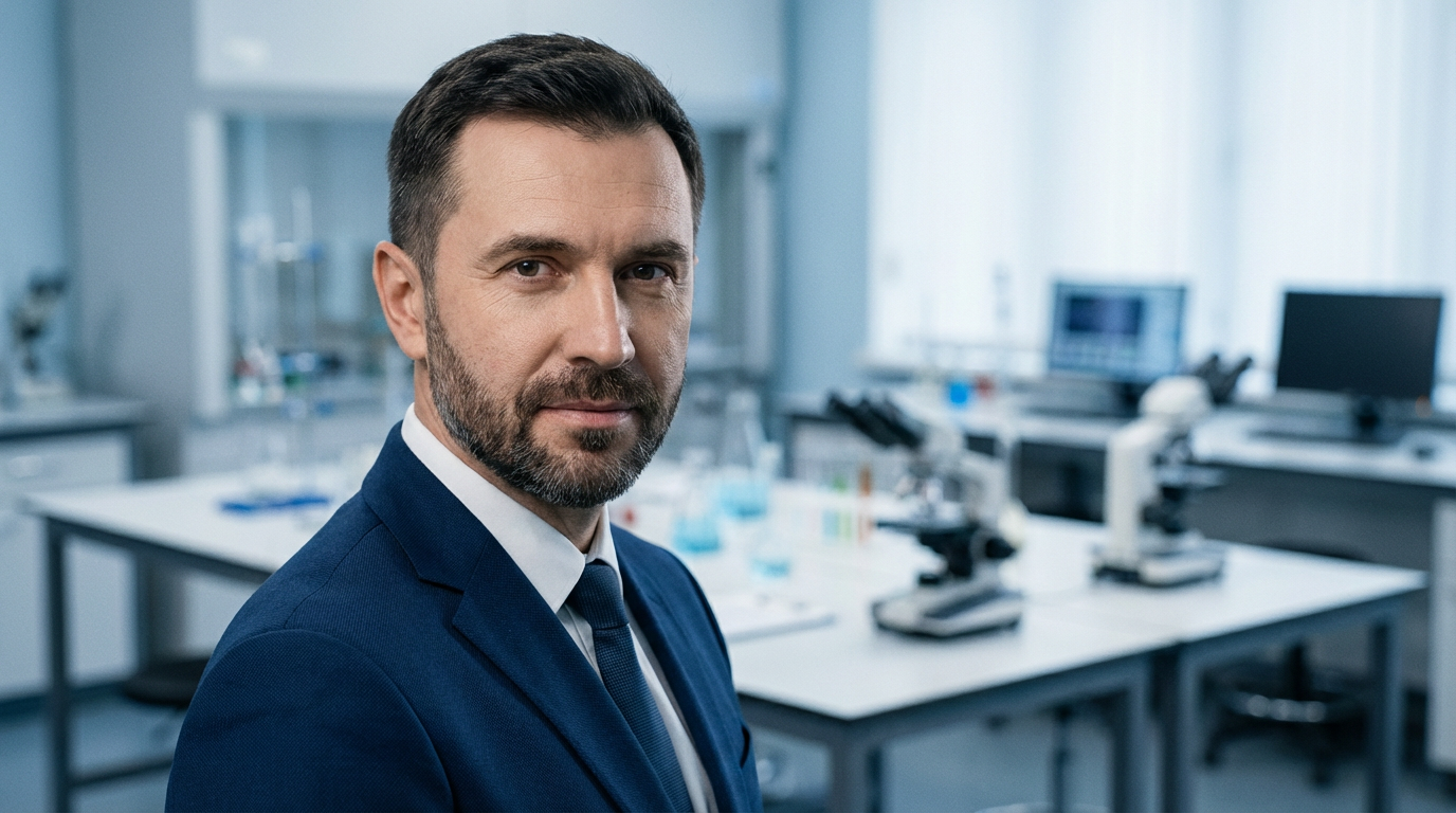 Алексей Воронин — портрет автора в деловом стиле с фоном лаборатории