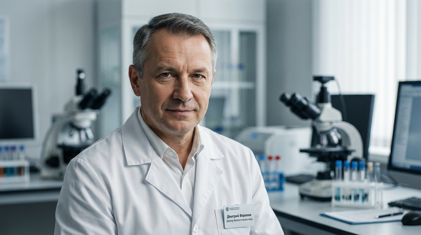 Дмитрий Воронин — портрет автора статьи, профессиональное фото в лабораторной обстановке с медицинским оборудованием