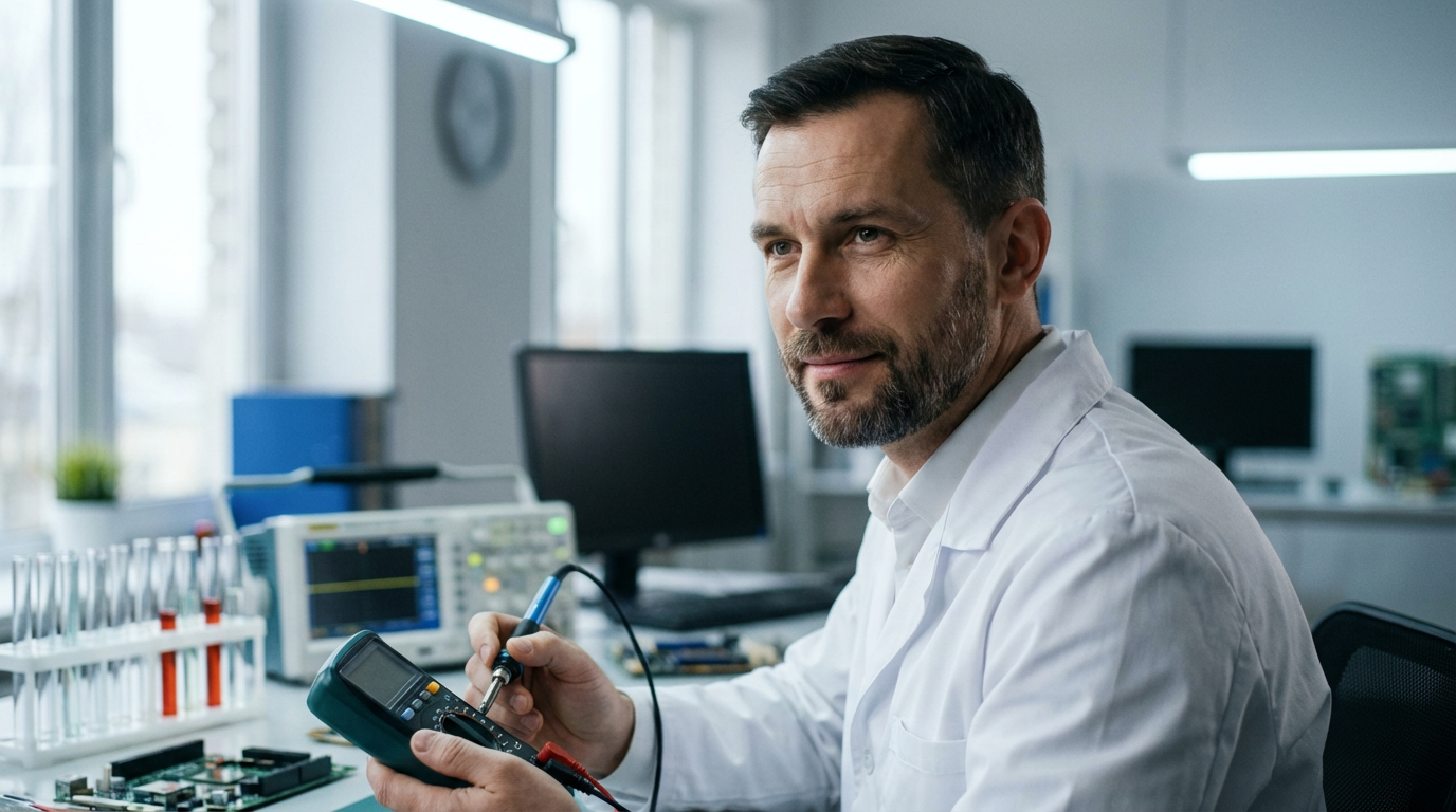 Дмитрий Соколов — портрет инженера в лабораторной обстановке с инструментами