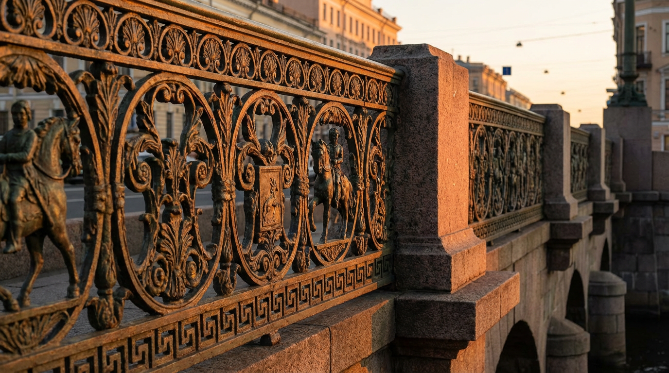 Архитектурные детали Аничкова моста с чугунными оградами