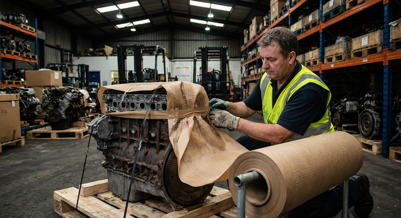 Оптимальная упаковка автозапчастей и двигателей: где применима сетчатая крафт бумага в рулонах для безопасной транспортировки