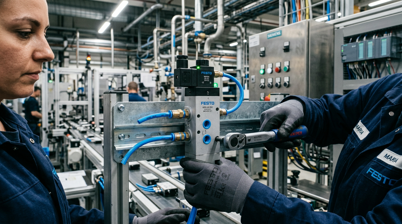 Монтаж пневматического распределителя аналог Festo VUVS на производственной линии