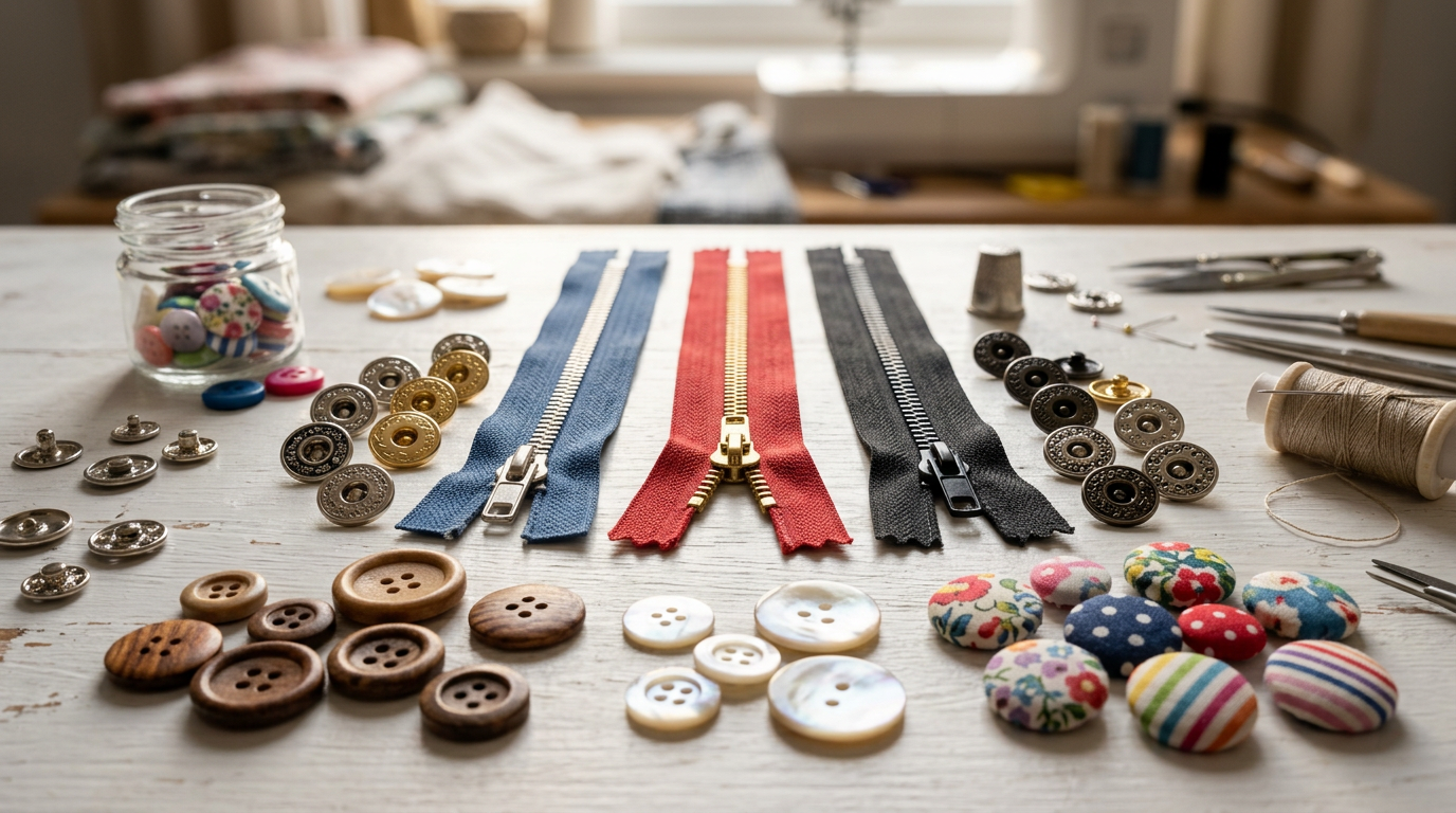 Различные виды швейной фурнитуры: молнии, кнопки и пуговицы крупным планом