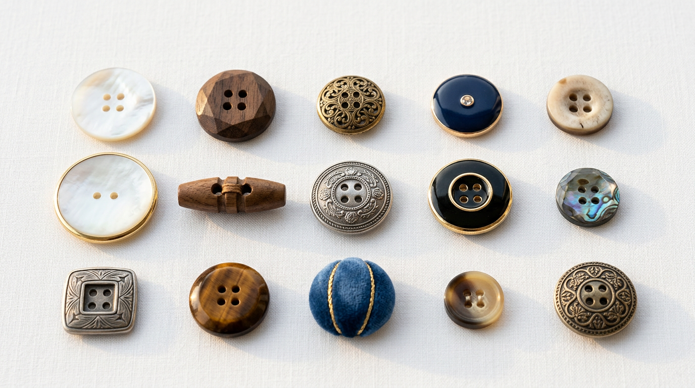 Коллекция премиум-пуговиц для рукоделия на белом фоне