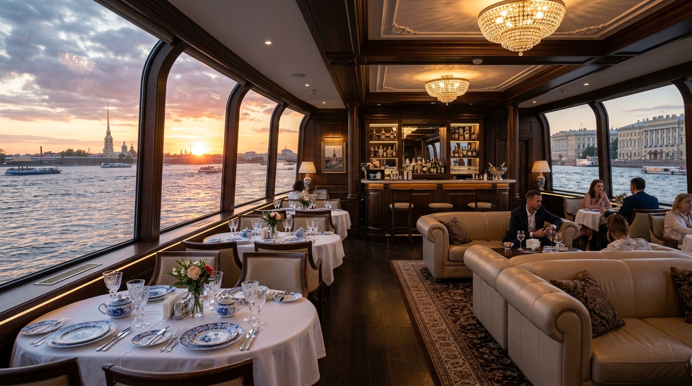 Интерьер теплохода в комбинированном туре по Неве