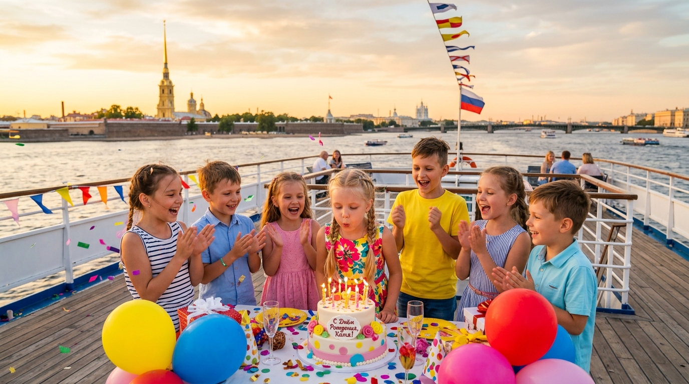 Дети на палубе теплохода празднуют день рождения в Санкт-Петербурге