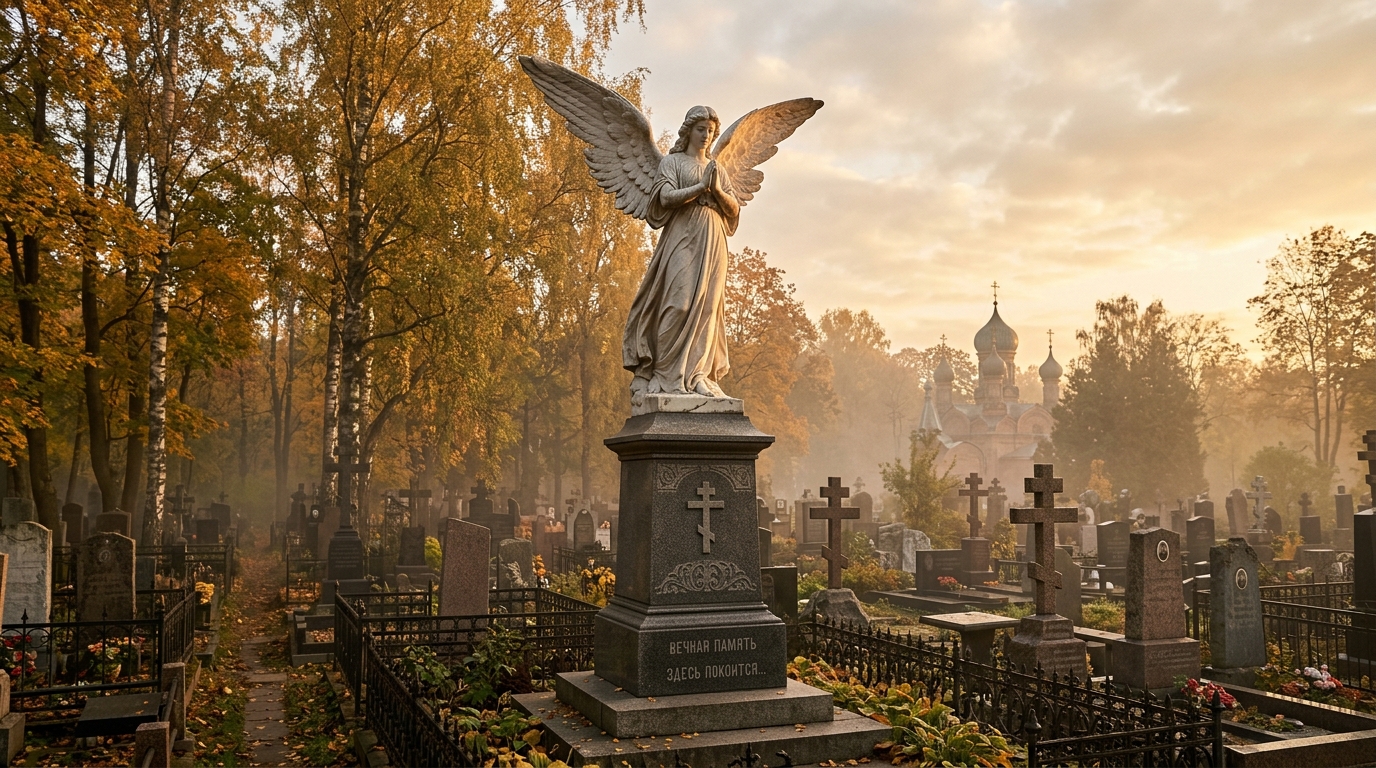 Скульптурный памятник в виде ангела на русском кладбище