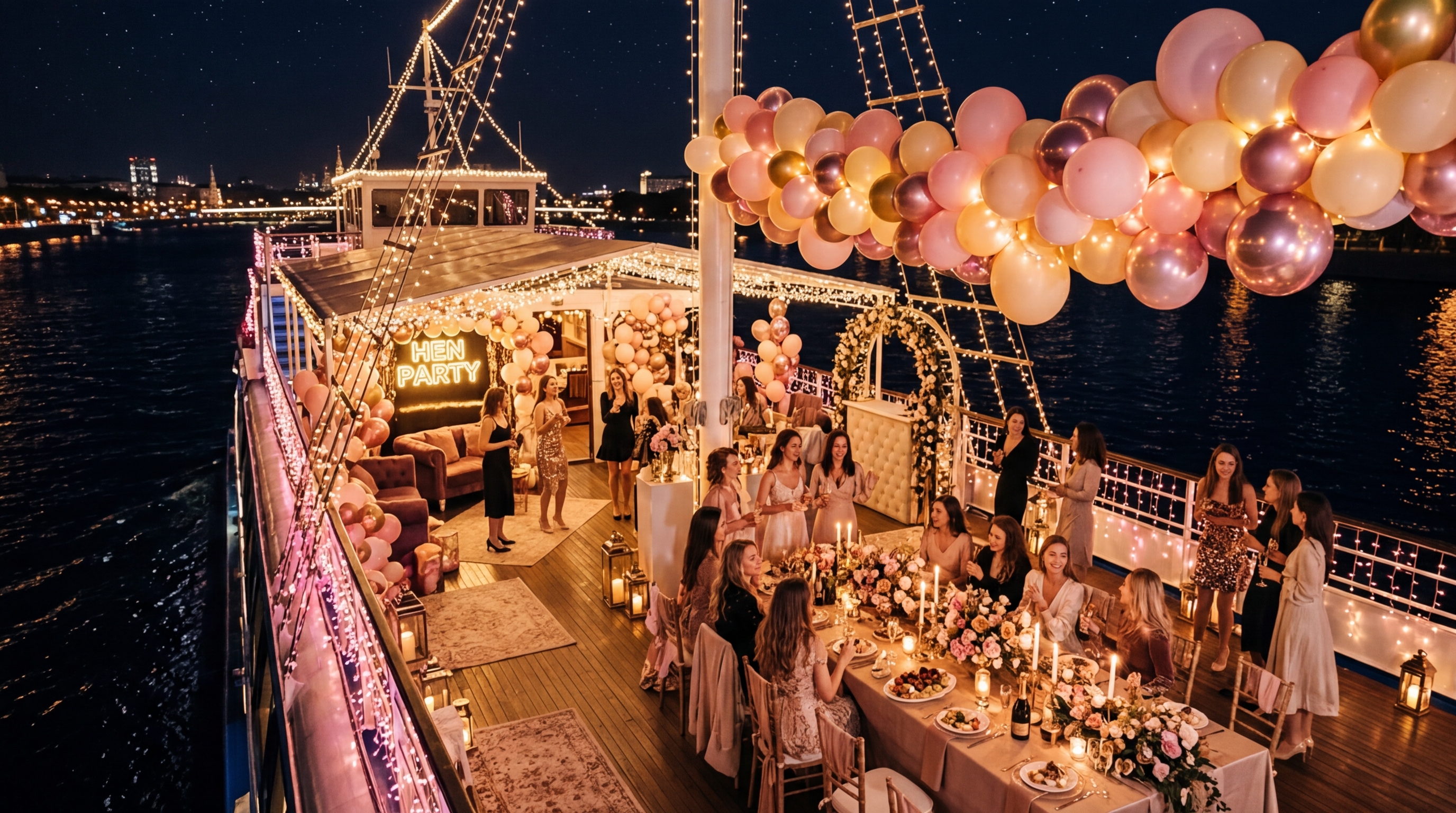 Фееричный декор теплохода для девичника с шарами и подсветкой