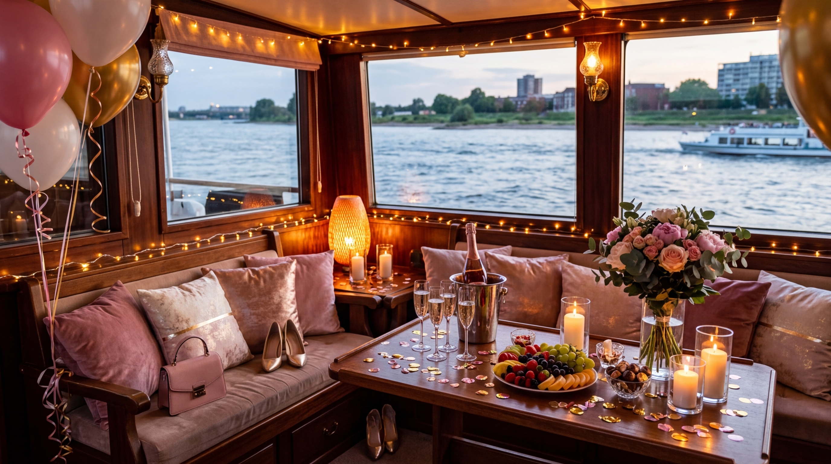 Уютный интерьер теплохода с декором для девичника