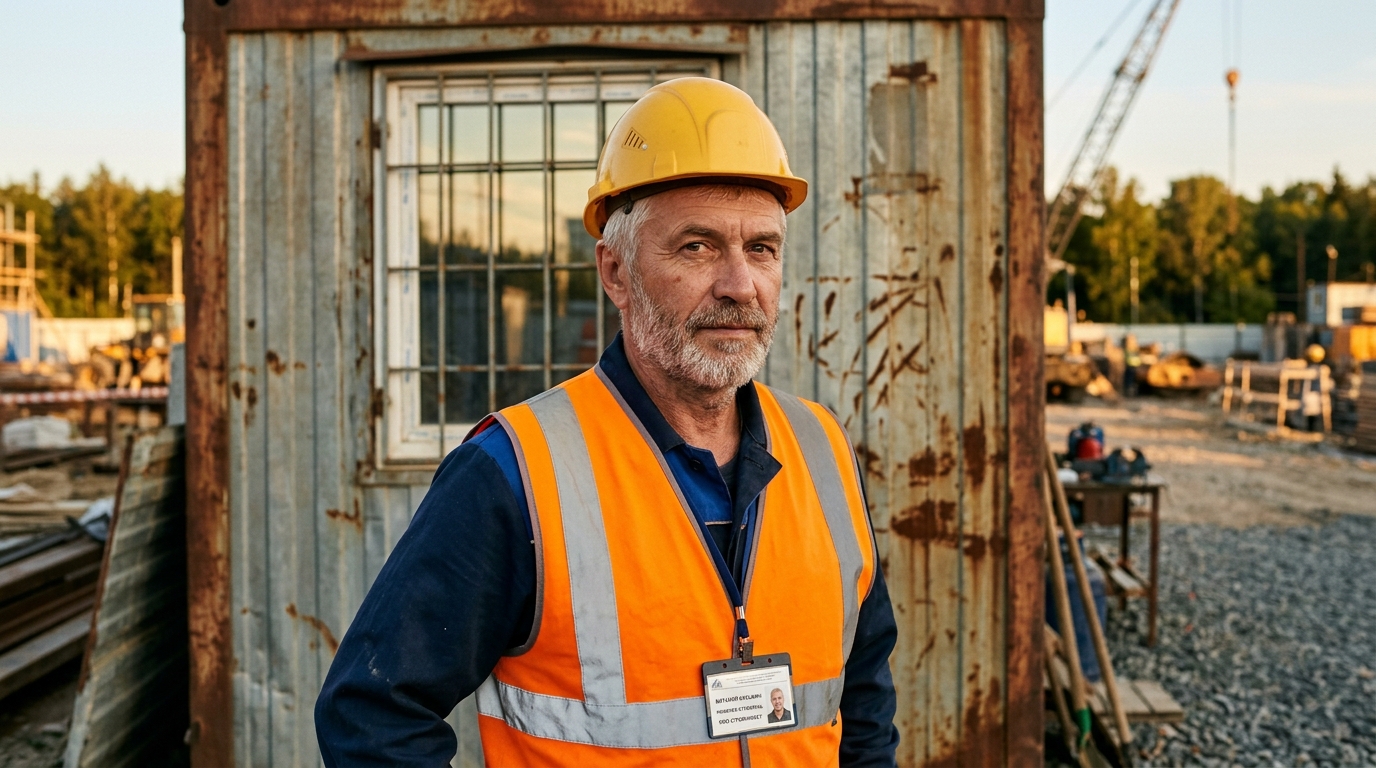 Виталий Кузьмин — портрет инженера-строителя на фоне бытовки