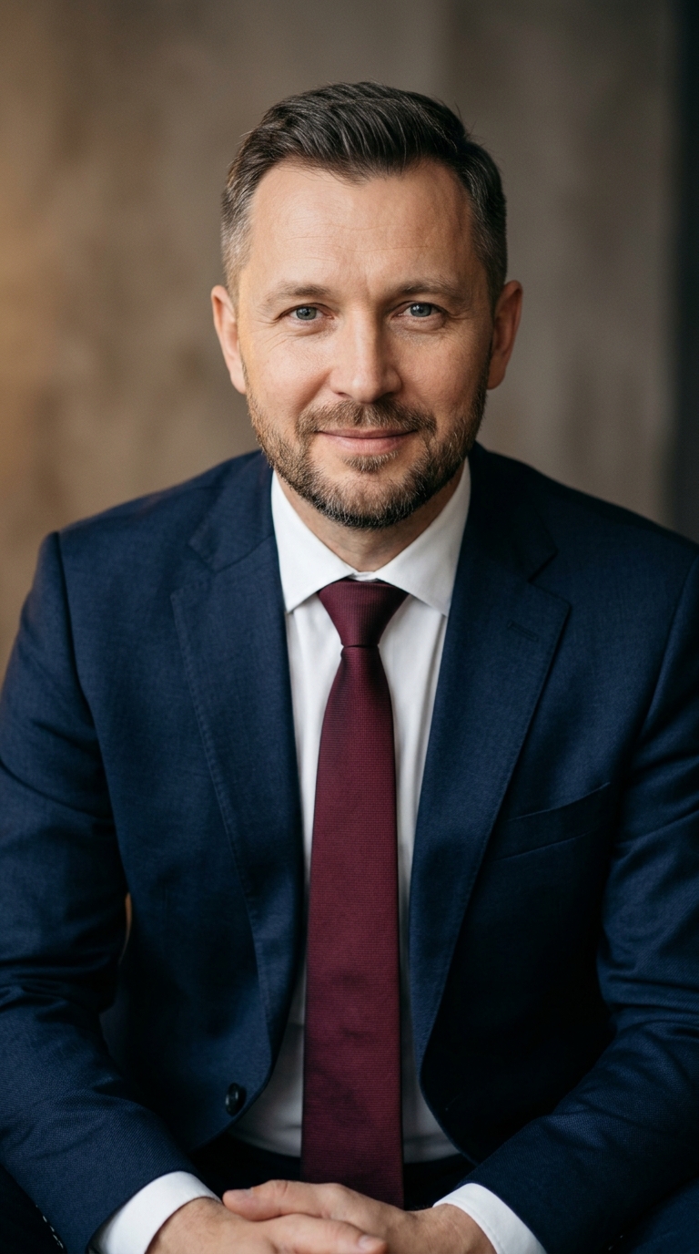 Реалистичный профессиональный портрет (лицо). Человек: Андрей Кузнецов. Деловой стиль, студийный свет, уютная обстановка.