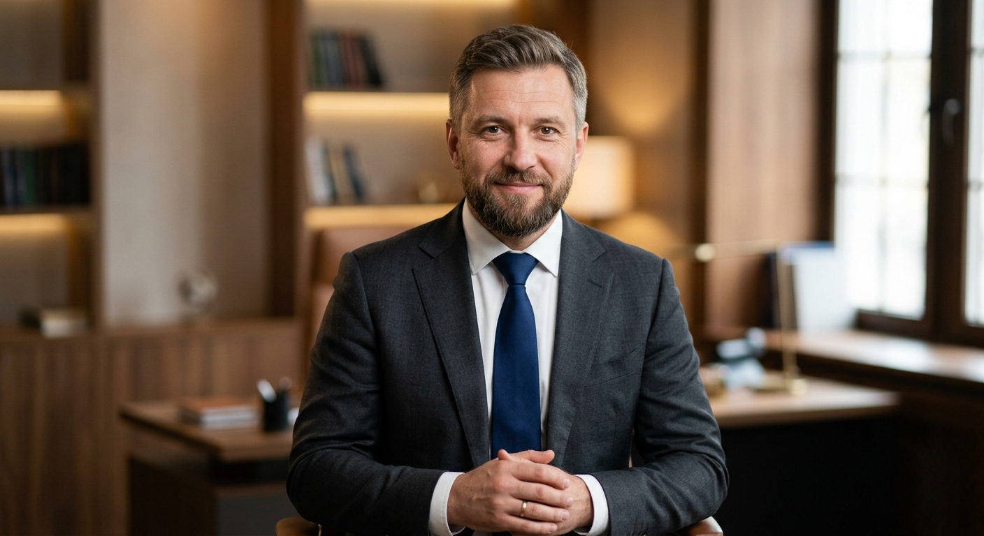 Реалистичный профессиональный портрет (лицо). Человек: Алексей Воронин. Деловой стиль, студийный свет, уютная обстановка.