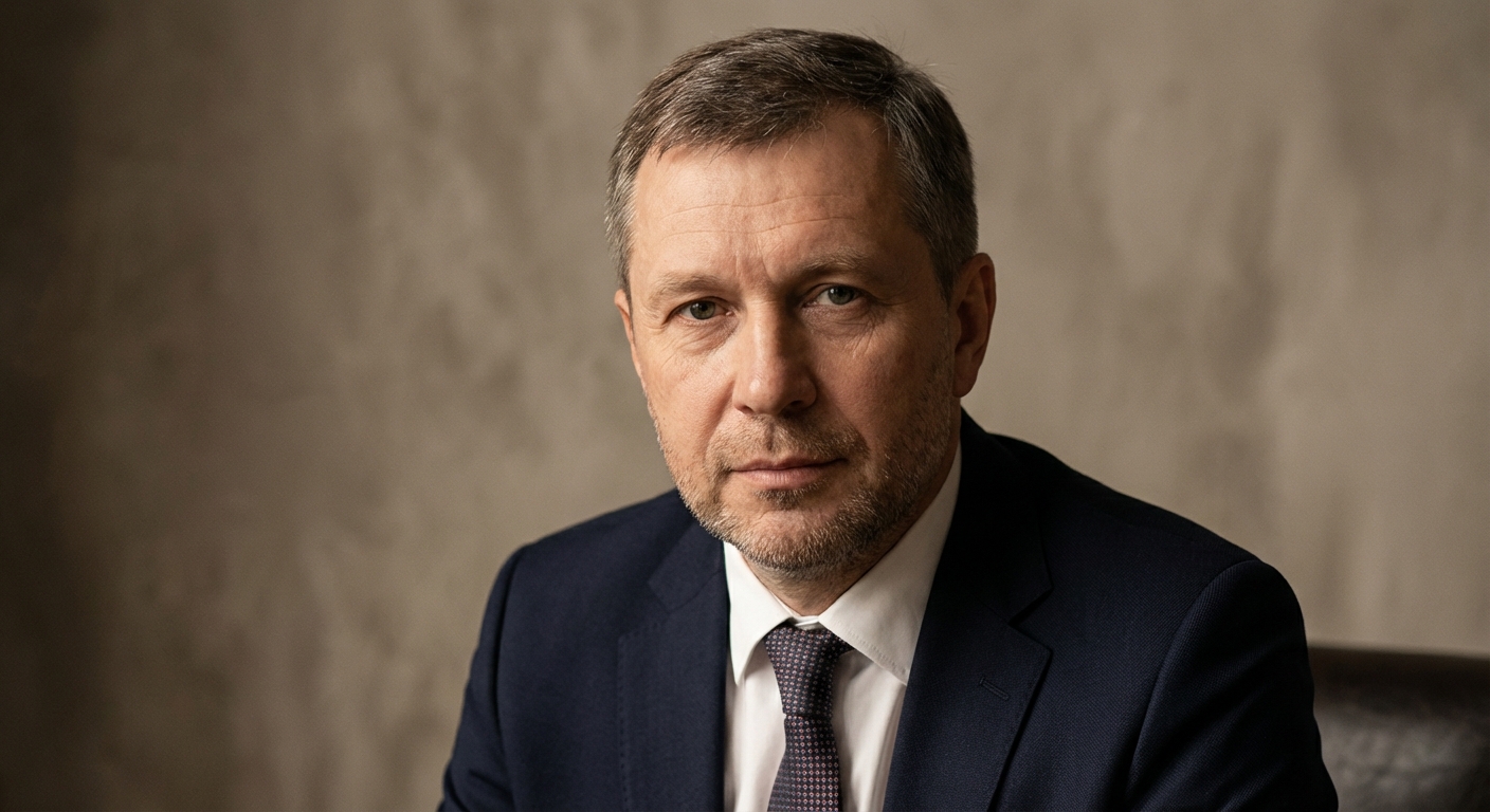 Реалистичный профессиональный портрет (лицо). Человек: Андрей Козлов. Деловой стиль, студийный свет, уютная обстановка.
