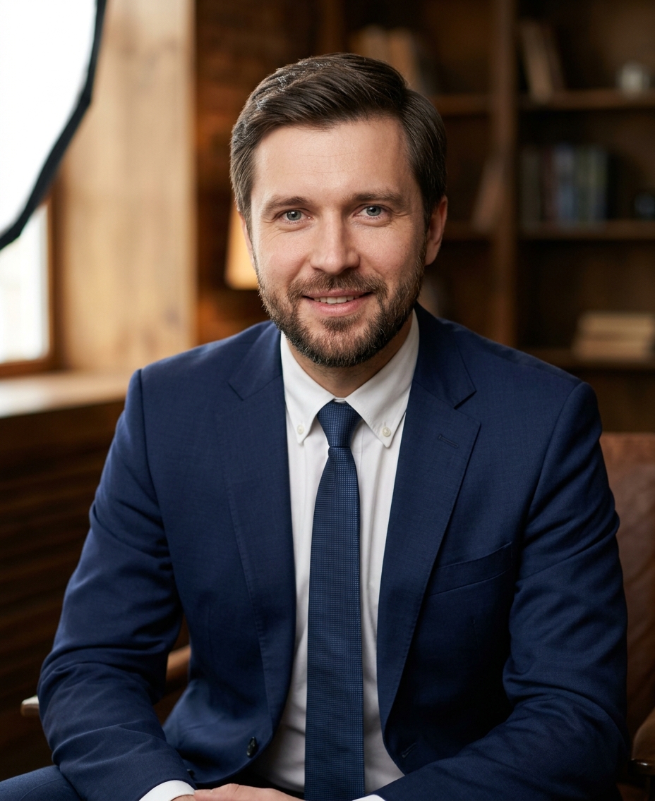 Реалистичный профессиональный портрет (лицо). Человек: Андрей Козлов. Деловой стиль, студийный свет, уютная обстановка.