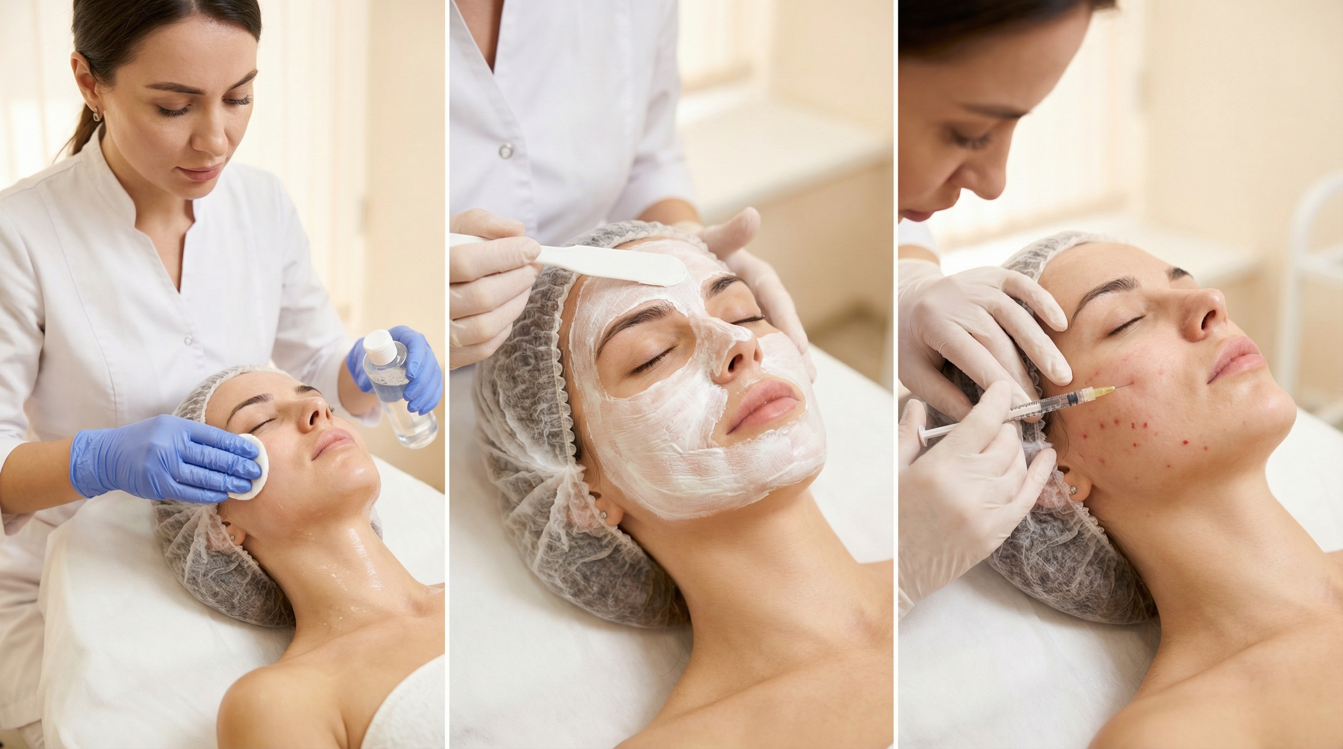 Этапы процедуры биоревитализации лица — очищение анестезия инъекции гиалуроновой кислоты