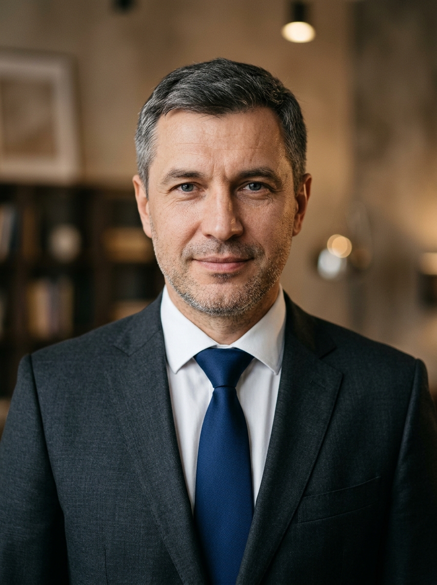 Реалистичный профессиональный портрет (лицо). Человек: Алексей Воронин. Деловой стиль, студийный свет, уютная обстановка.