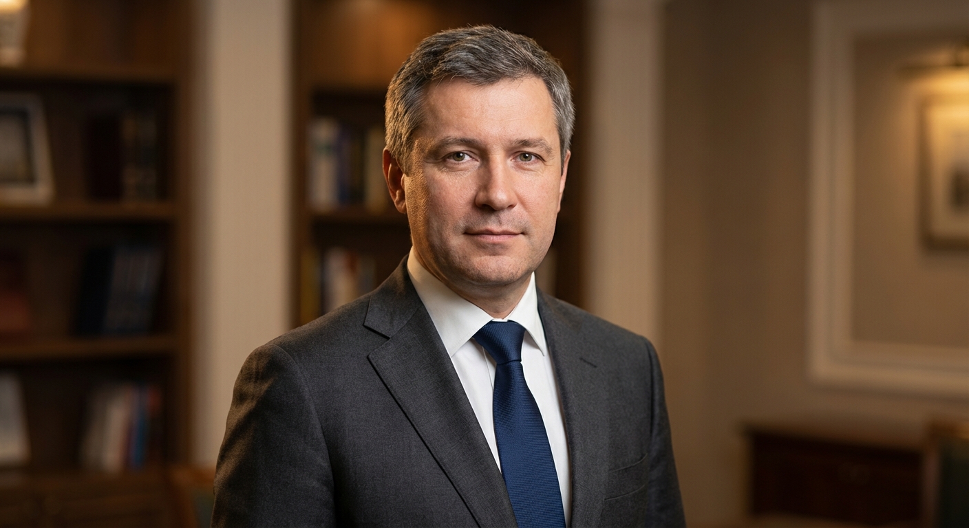 Реалистичный профессиональный портрет (лицо). Человек: Андрей Ковалёв. Деловой стиль, студийный свет, уютная обстановка.