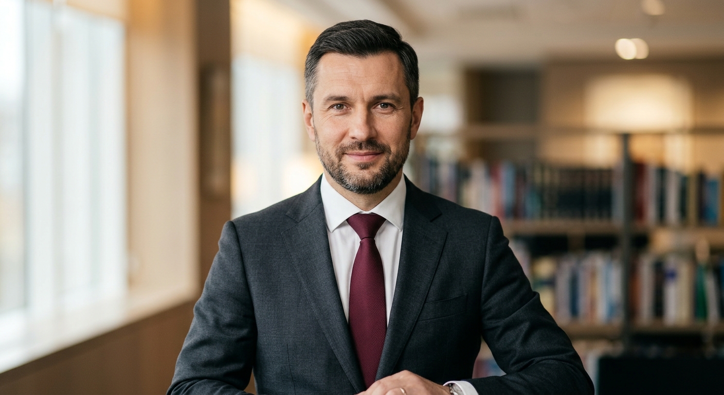 Реалистичный профессиональный портрет (лицо). Человек: Алексей Воронин. Деловой стиль, студийный свет, уютная обстановка.