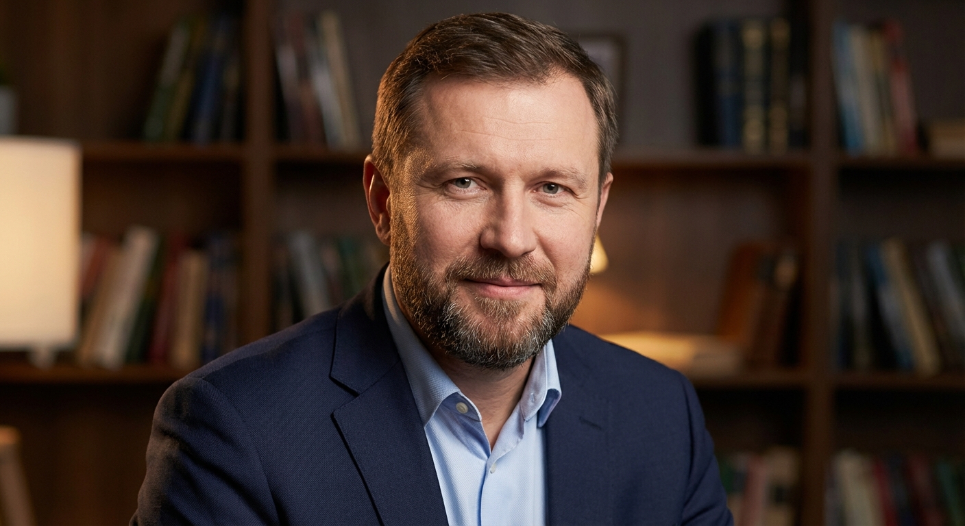 Реалистичный профессиональный портрет (лицо). Человек: Андрей Козлов. Деловой стиль, студийный свет, уютная обстановка.