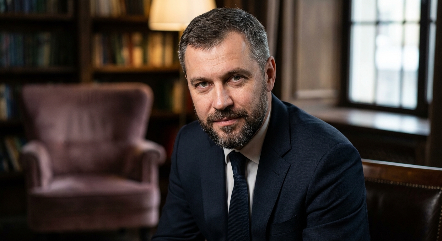 Реалистичный профессиональный портрет (лицо). Человек: Дмитрий Ковалев. Деловой стиль, студийный свет, уютная обстановка.